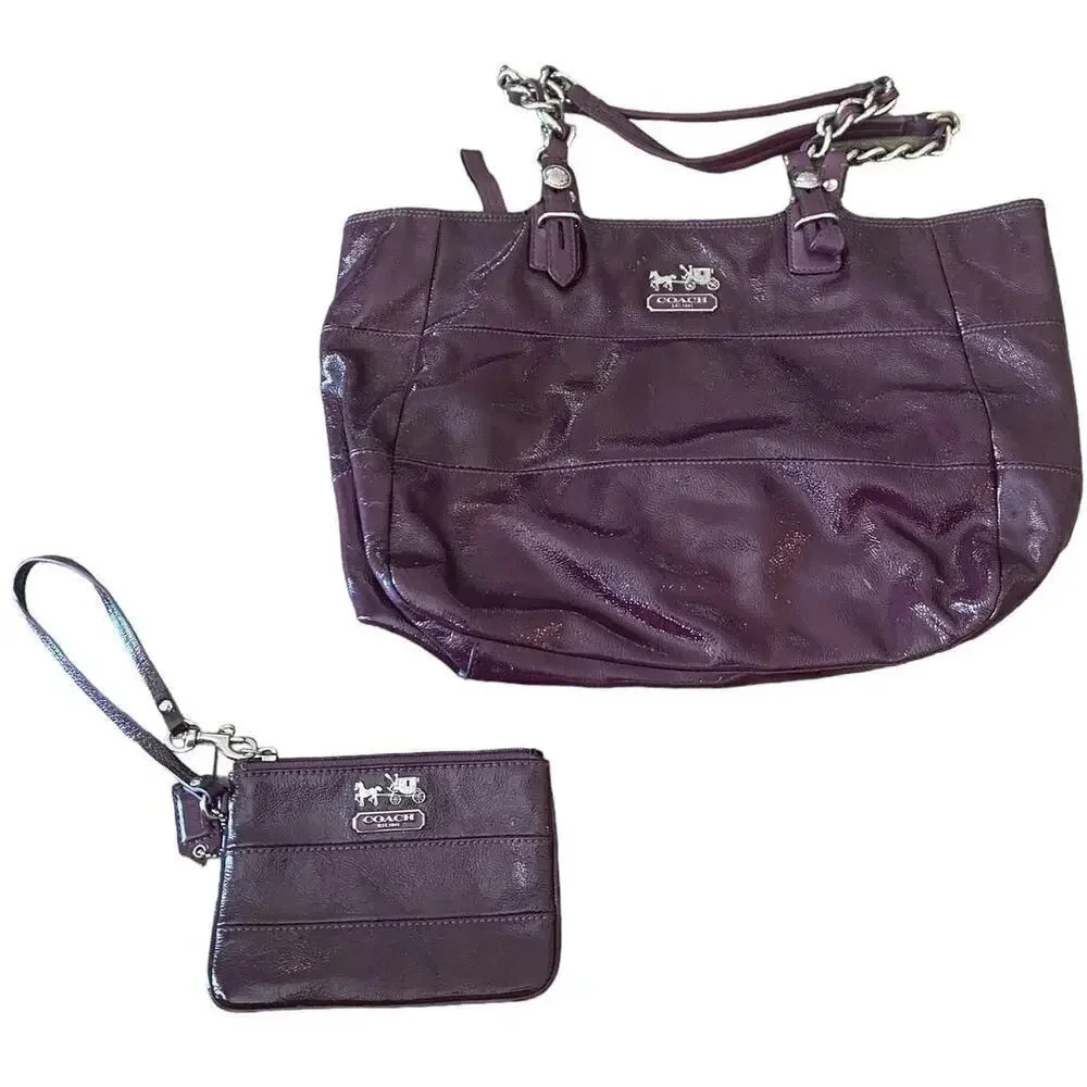 Coach Women's Purple Pebbled Patent Leather Shoulder Bag Handbag and coin purse